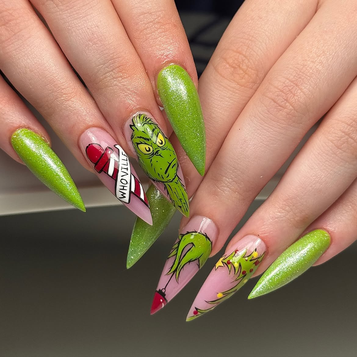 Shimmery Grinch Holiday Nail Art Stiletto Nails