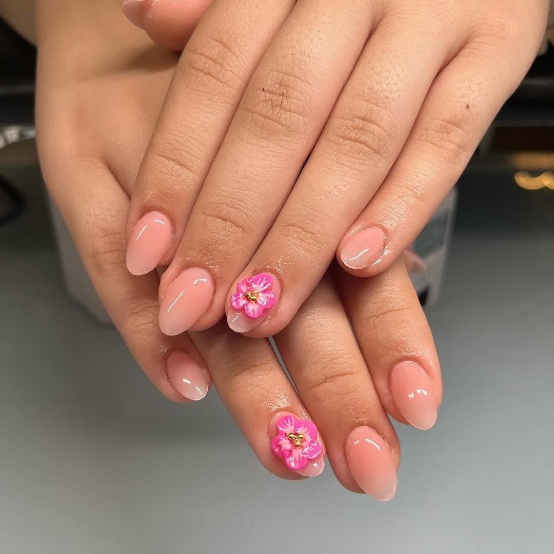 Pink Ombre 3D Floral Short Oval Nails Pink Ombre 3D Floral Short Oval Nails — Short Acrylic Nails