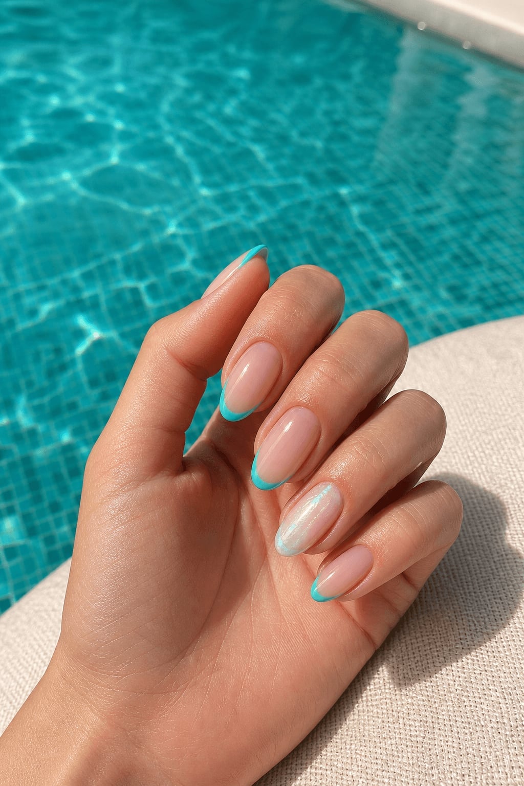 Turquoise French Marble Short Almond Nails Turquoise French Marble Short Almond Nails — Short Acrylic Nails