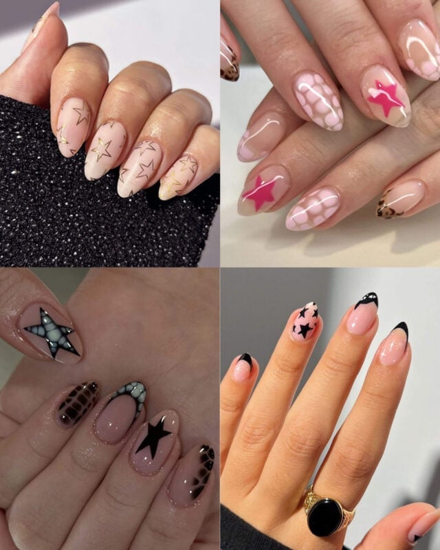 Sheer Nude Gold Star Short Almond Nails Sheer Nude Gold Star Short Almond Nails