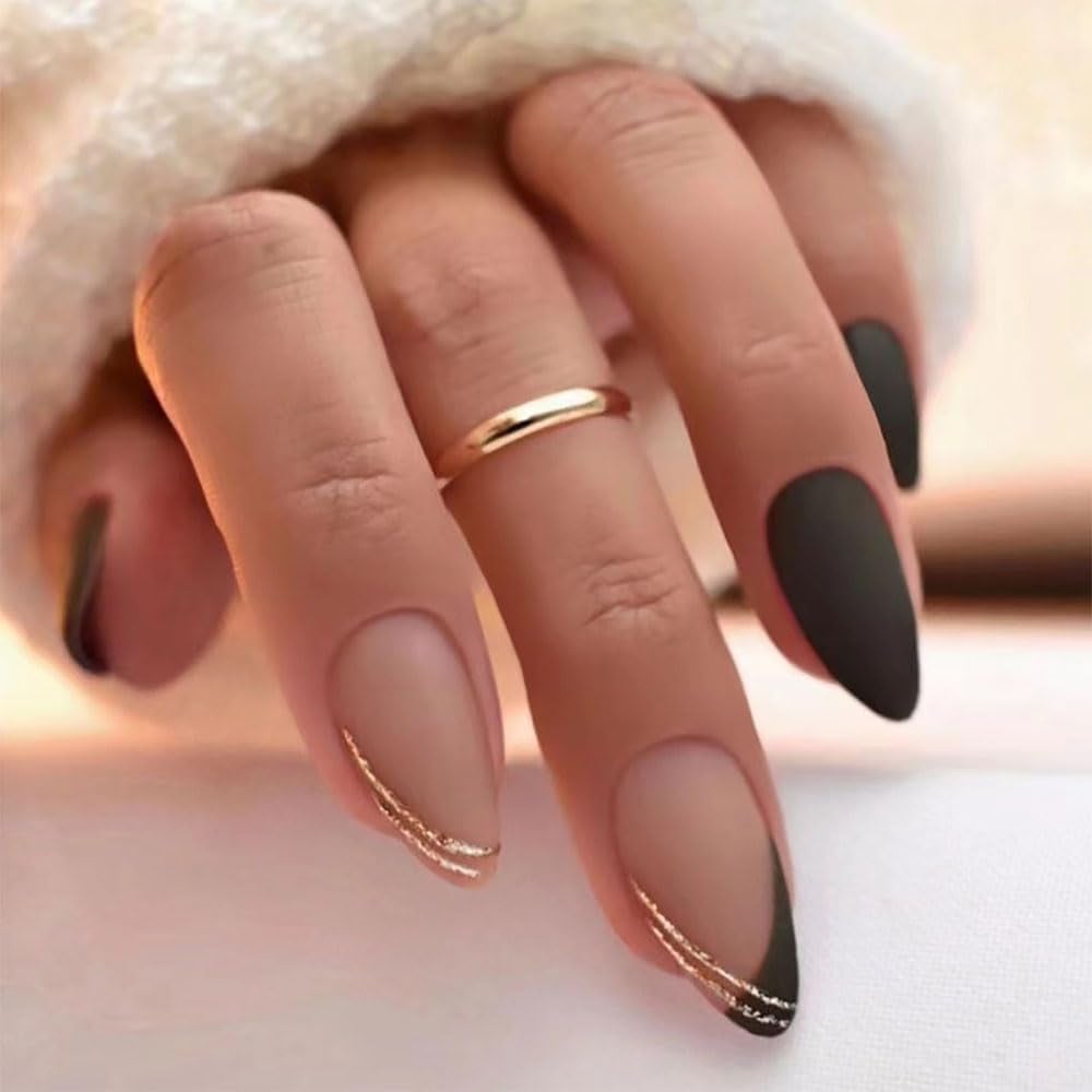Matte Black and Nude Gold Foil Almond Matte Black and Nude Gold Foil Almond — Short Almond Nails