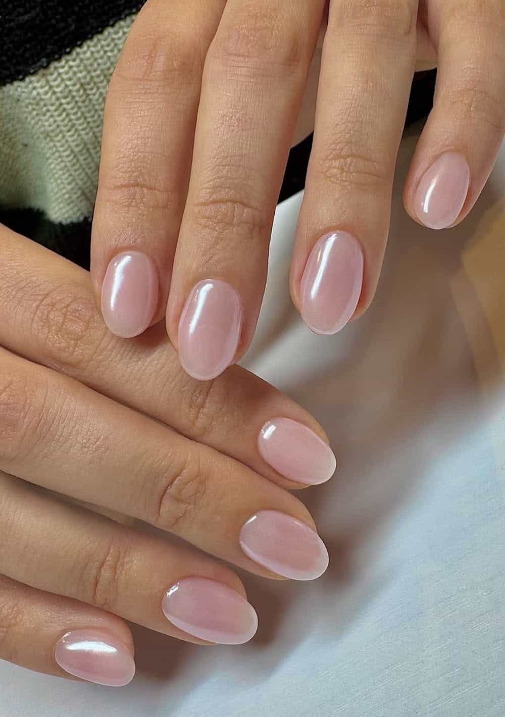 Shimmering Sheer Pink Short Almond Nails Shimmering Sheer Pink Short Almond Nails