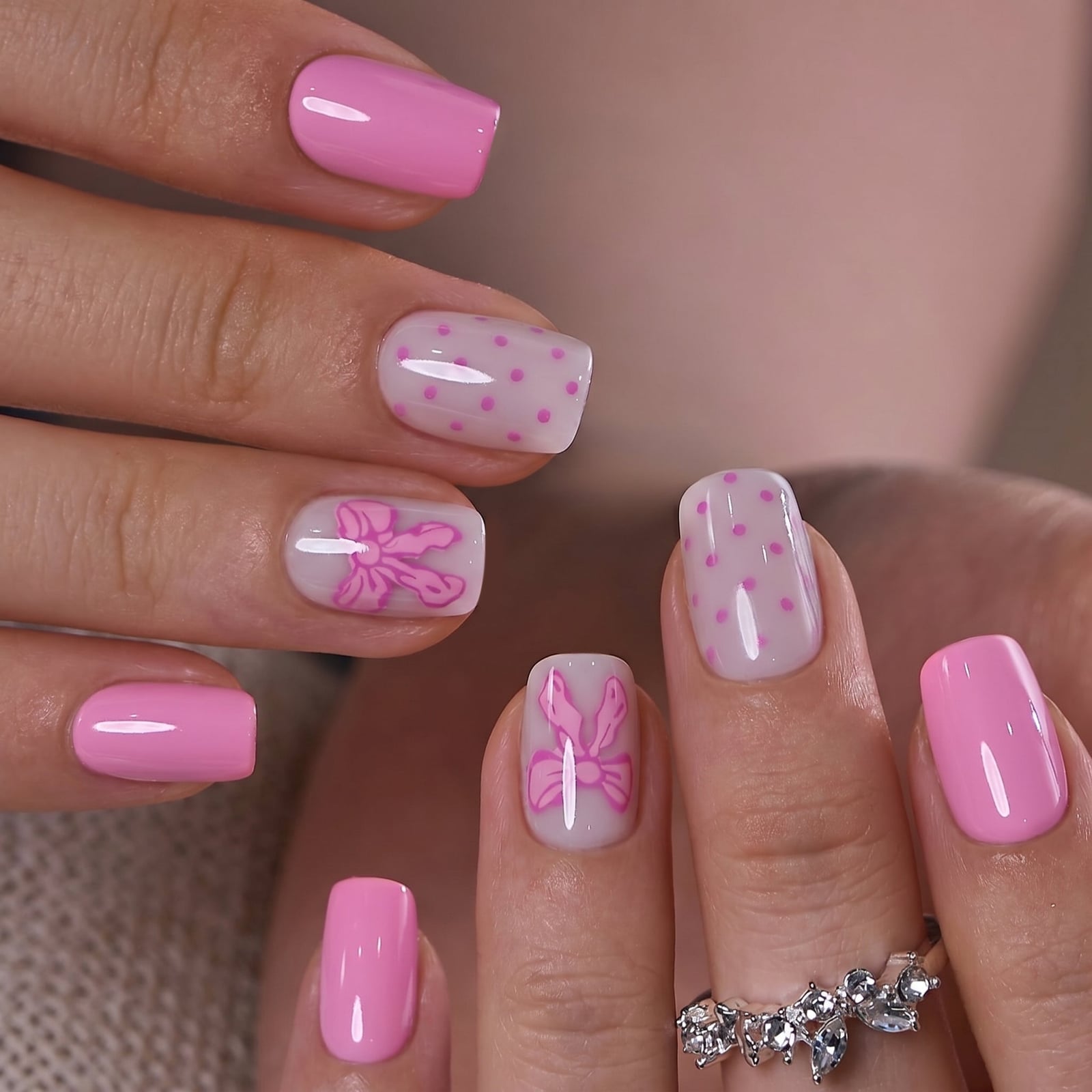 Pink Bow Accent Short Squoval Nails Pink Bow Accent Short Squoval Nails — Short Cute Nails