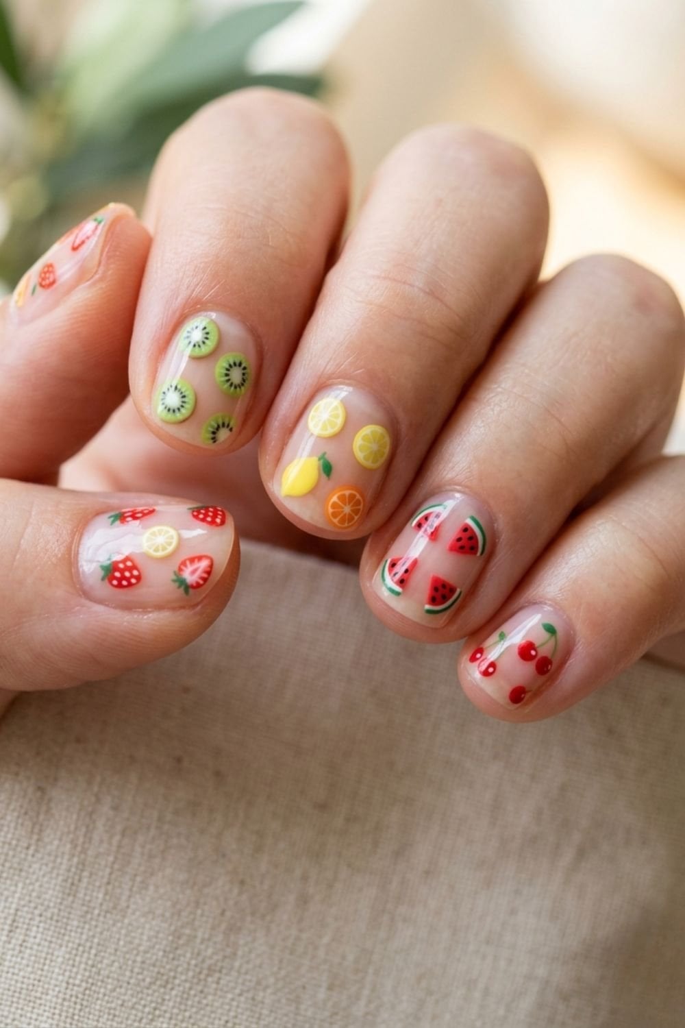 Playful Fruit Decal Short Square Nails Playful Fruit Decal Short Square Nails — Short Cute Nails