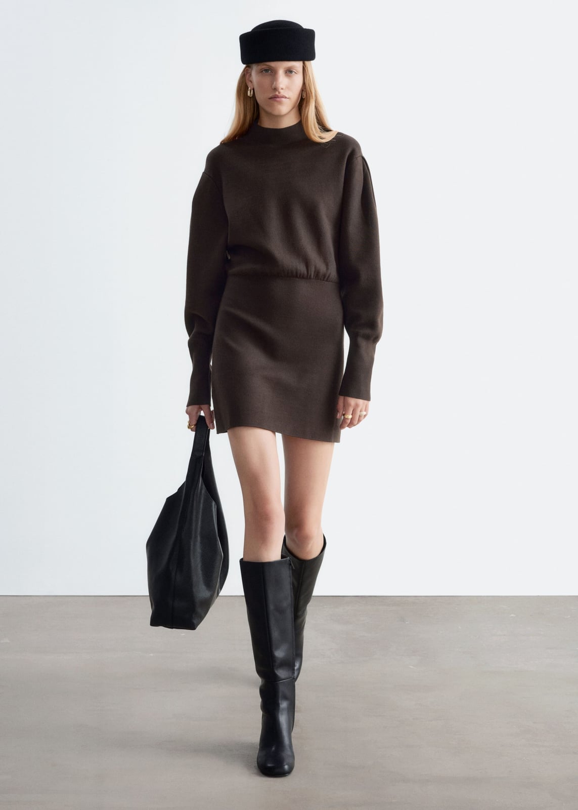 Brown Knitted Mock Neck Mini Dress Brown Knitted Mock Neck Mini Dress — Short Dress