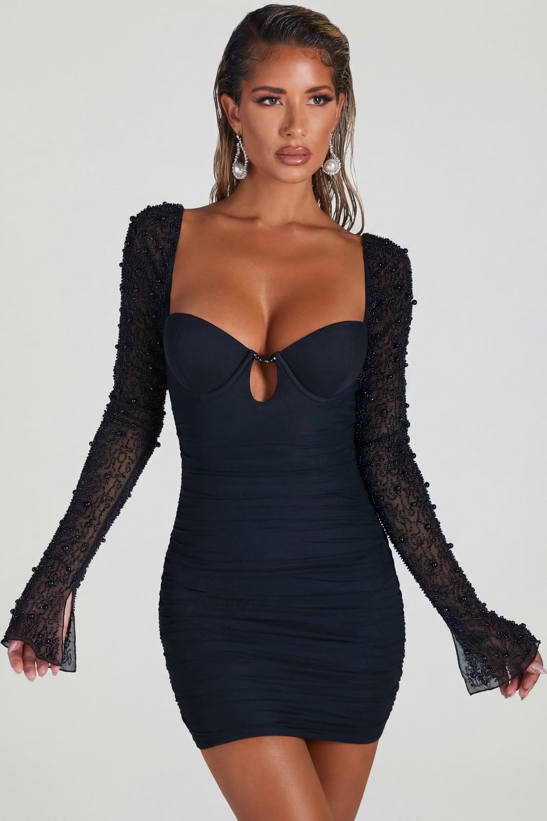 Black Ruched Beaded Sheer Sleeve Mini Dress Black Ruched Beaded Sheer Sleeve Mini Dress — Short Dress