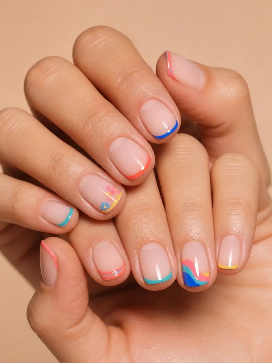 Pastel French Tips With Floral Art Pastel French Tips With Floral Art — Short French Tip Nails