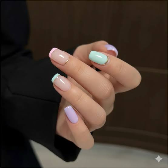 Pastel French Tips With Gold Line Accents Pastel French Tips With Gold Line Accents — Short French Tip Nails