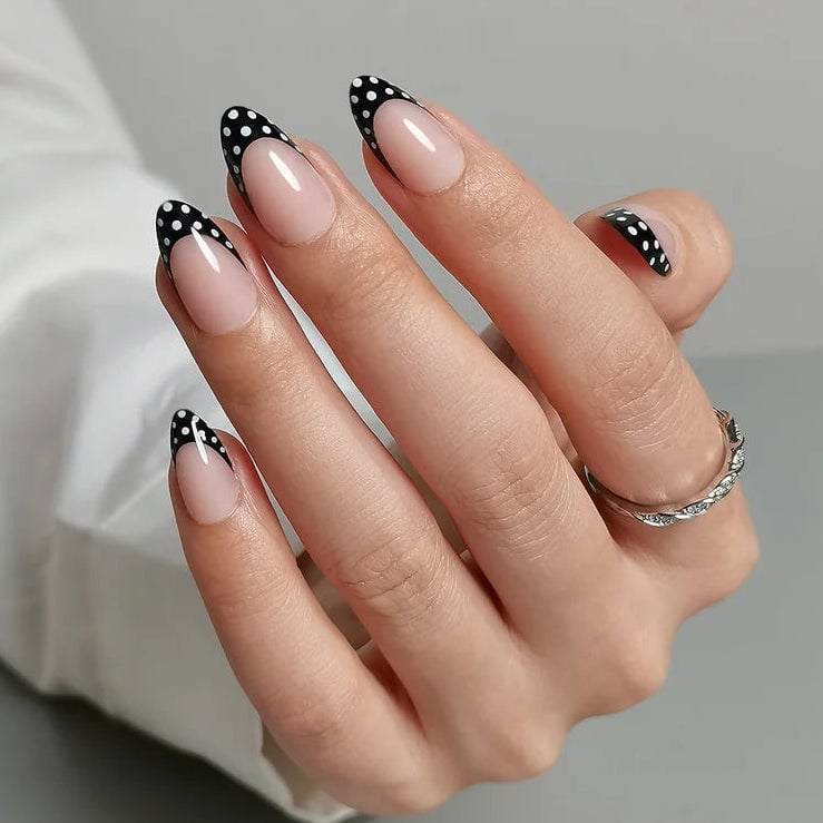 Black White Polka Dot French Almond Nails Black White Polka Dot French Almond Nails — Short French Tip Nails
