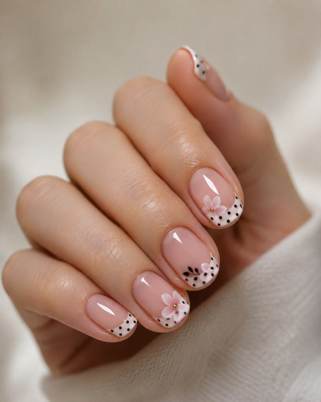 Floral Polka Dot French Pink Almond Nails, овальные Floral Polka Dot French Pink Almond Nails, овальные — Short French Tip Nails