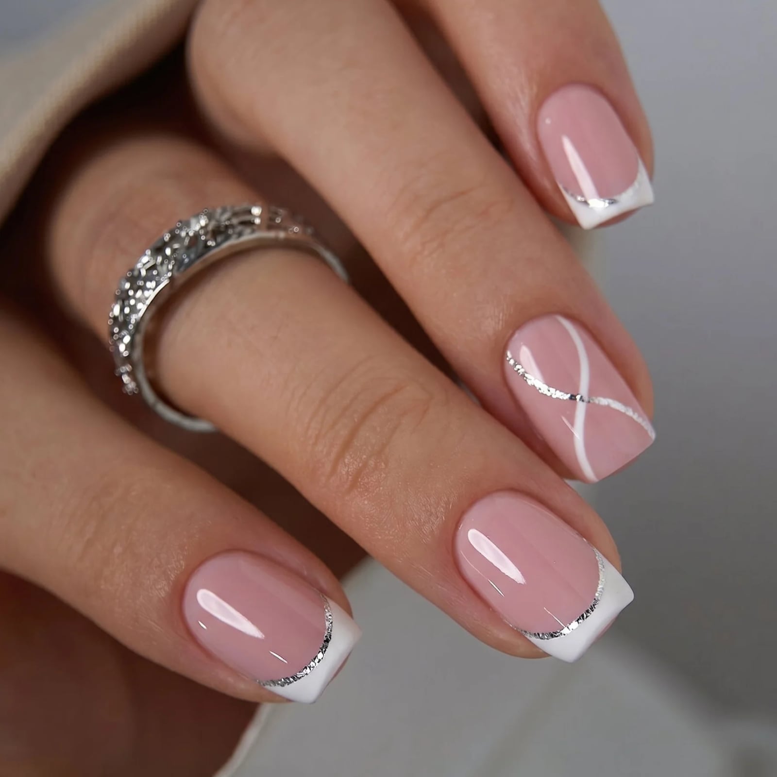 Silver Line Accented French Soft Square Nails Silver Line Accented French Soft Square Nails — Short French Tip Nails