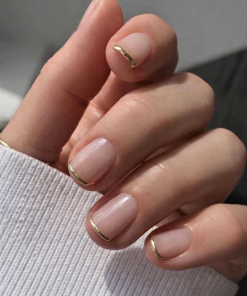 Gold Line Minimalist French Short Oval Nails Gold Line Minimalist French Short Oval Nails — Short French Tip Nails