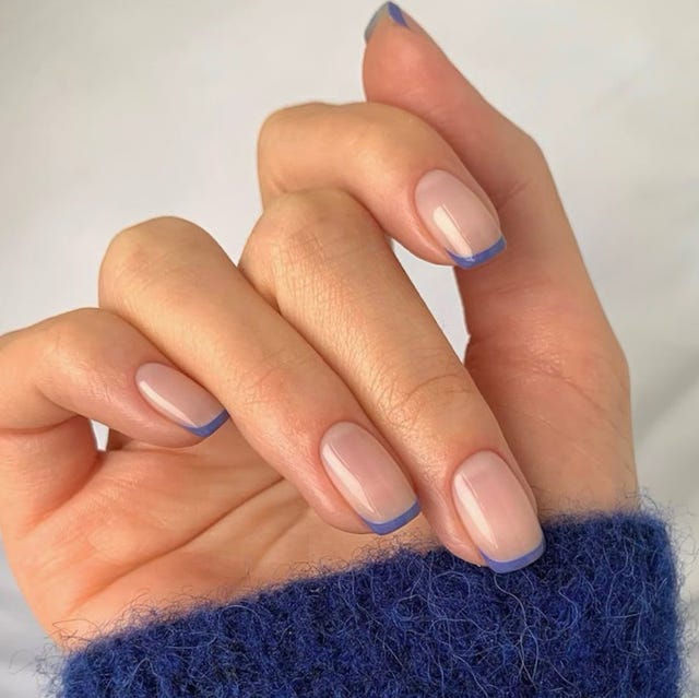 Blue Micro French Short Square Nails Blue Micro French Short Square Nails — Short French Tip Nails