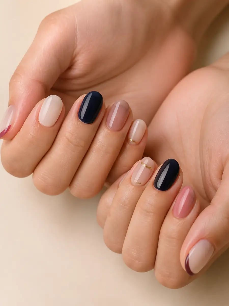 Mixed Color Solid and Gold Line Short Nails Mixed Color Solid and Gold Line Short Nails — Short Gel Nails
