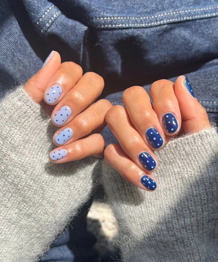 Light Blue and Navy Polka Dot Short Square Nails Light Blue and Navy Polka Dot Short Square Nails — Short Gel Nails