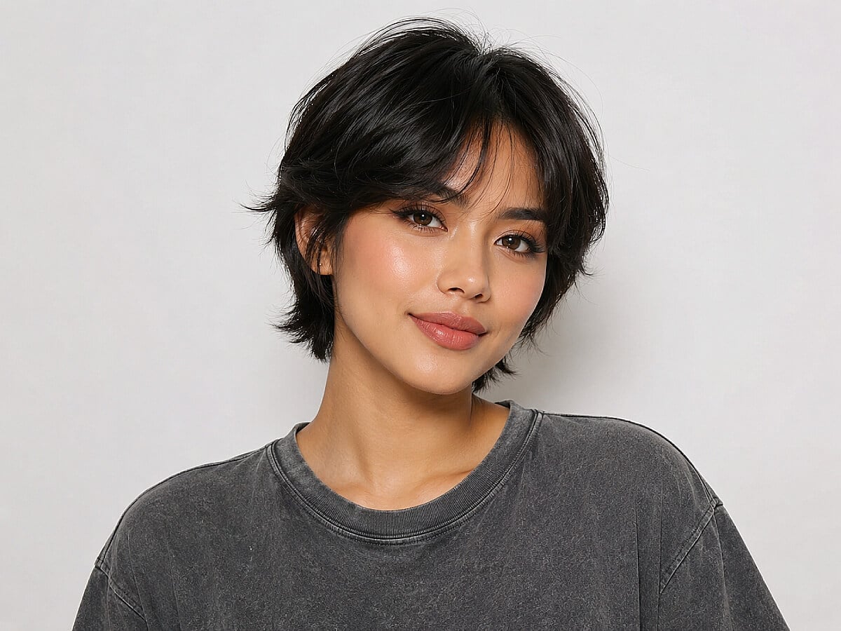 Chin Length Shag Curtain Bangs Thick Wavy Chin Length Shag Curtain Bangs Thick Wavy — Short Hair