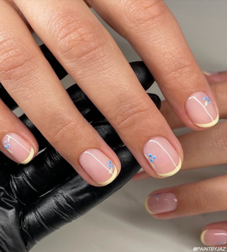 Yellow French Tip Floral Nails Yellow French Tip Floral Nails — Short Nails