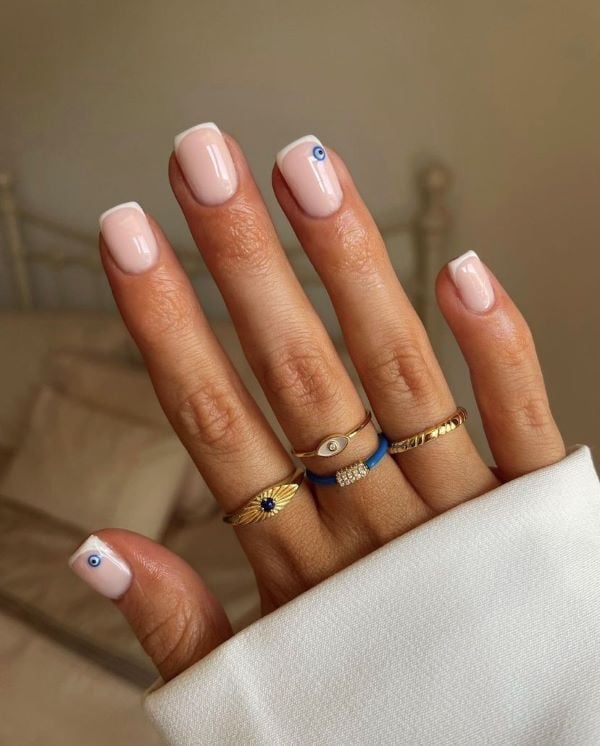 Evil Eye French Tip Nails Evil Eye French Tip Nails — Short Nails