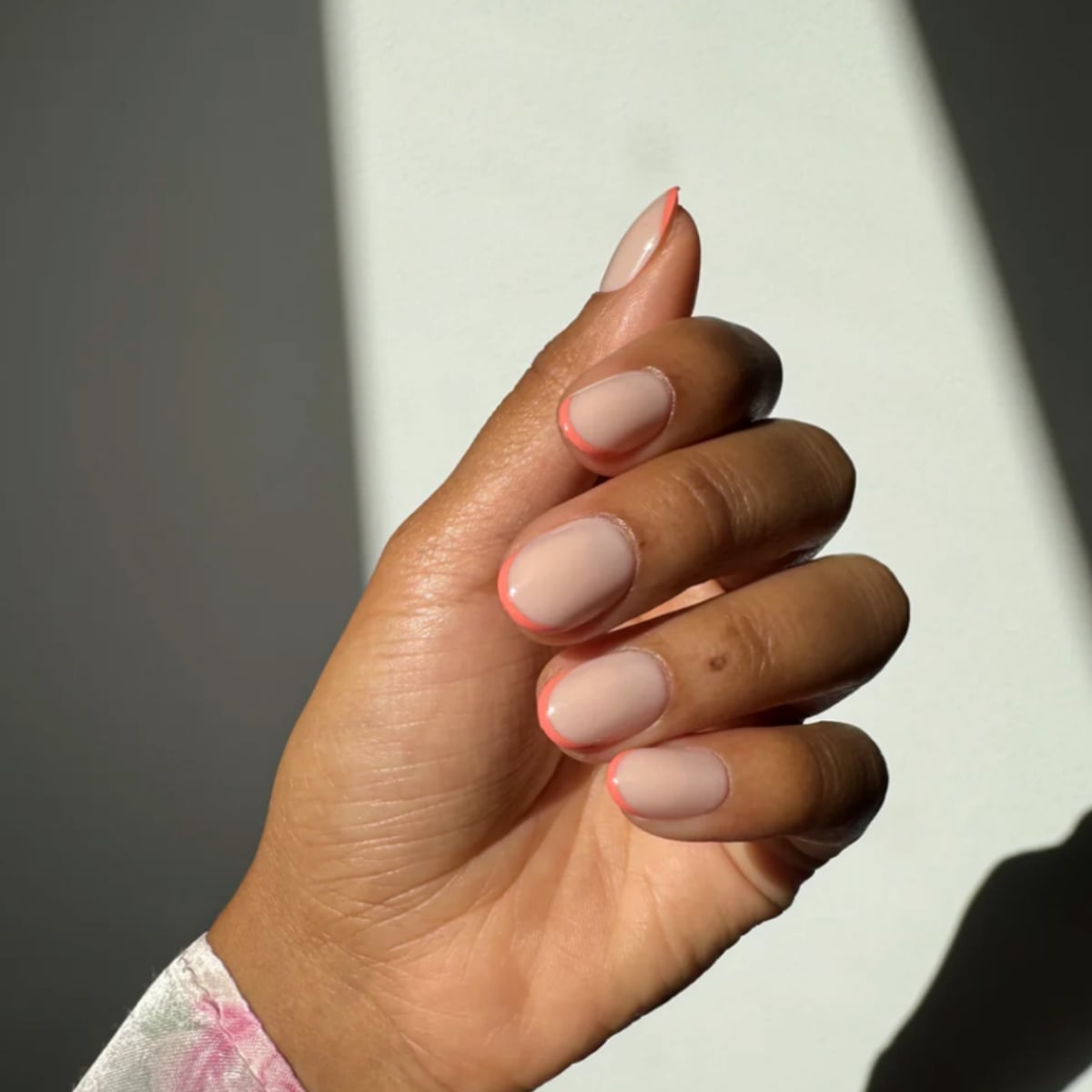 Nude Base Coral Smile Line French Nails Nude Base Coral Smile Line French Nails — Short Natural Nails