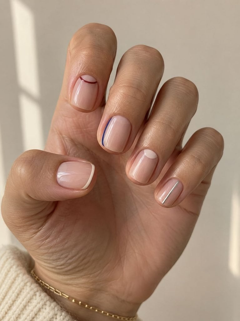 Nude Square Nails with Burgundy Navy Silver Lines Nude Square Nails with Burgundy Navy Silver Lines — Short Natural Nails