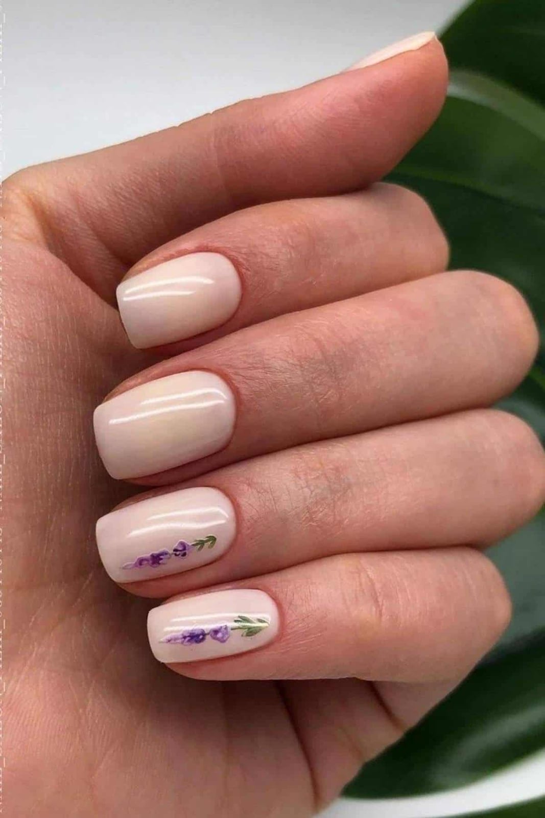 Milky Pink Lavender Sprig Short Almond Nails Milky Pink Lavender Sprig Short Almond Nails — Short Natural Nails