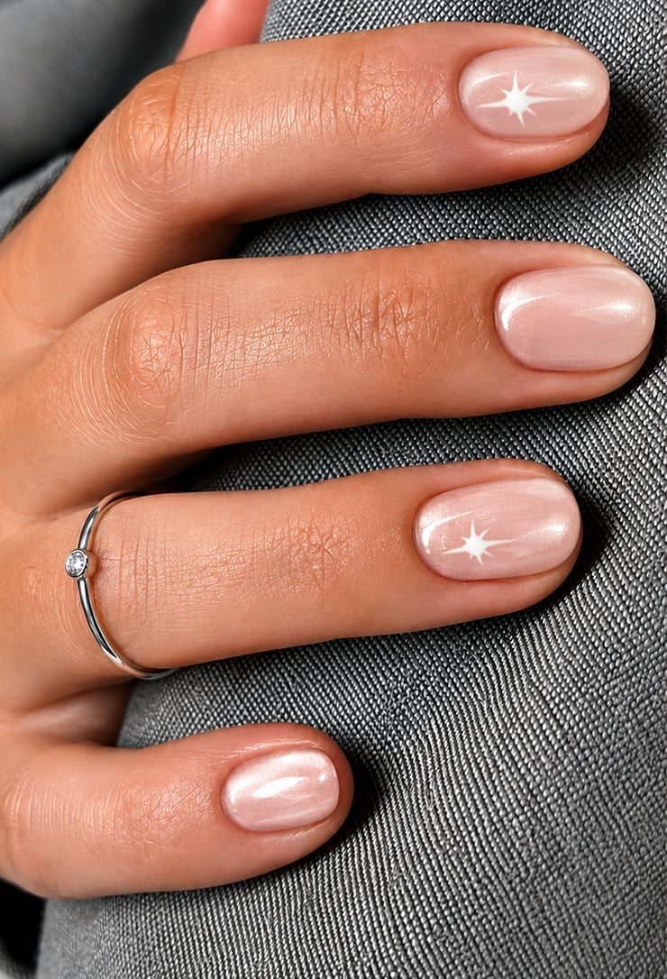 Pale Pink Pearlescent Shimmer Starburst Nails Pale Pink Pearlescent Shimmer Starburst Nails — Short Oval Nails
