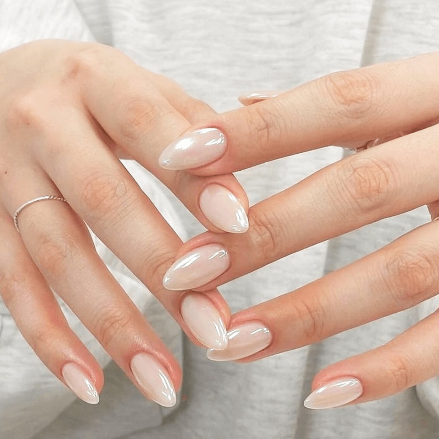 Pale Pink Nude Pearlescent Glossy Nails Pale Pink Nude Pearlescent Glossy Nails — Short Oval Nails