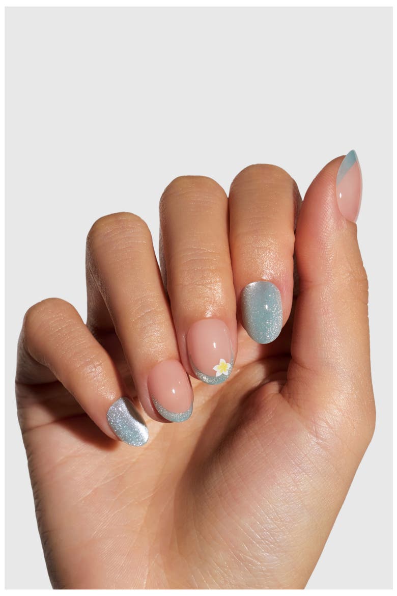 Nude Light Blue French Glitter Nails Nude Light Blue French Glitter Nails — Short Oval Nails