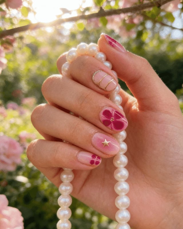Light Pink Floral Gold Line Nails Light Pink Floral Gold Line Nails — Short Oval Nails