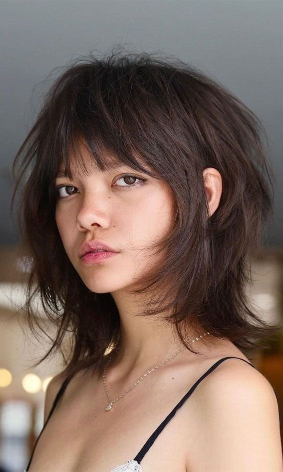 Dark Brown Shag With Soft Curtain Bangs Dark Brown Shag With Soft Curtain Bangs — Short Shag