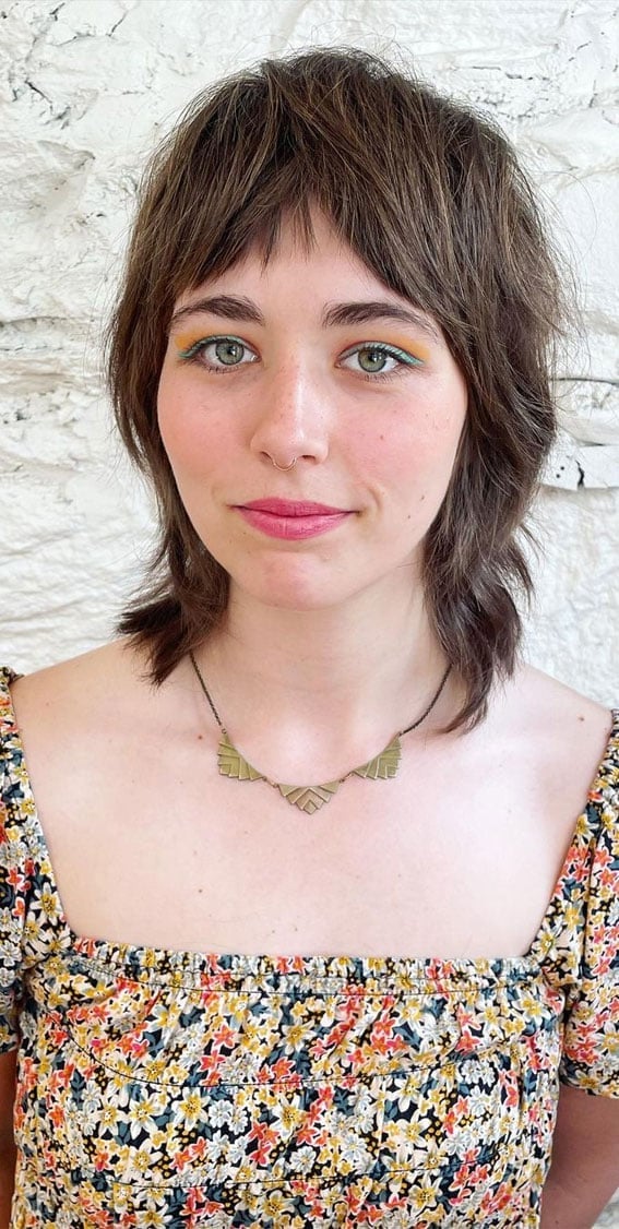 Dark Brown Shag With Short Fringe, Wavy Texture And Reaches The Chin Dark Brown Shag With Short Fringe, Wavy Texture And Reaches The Chin — Short Shag