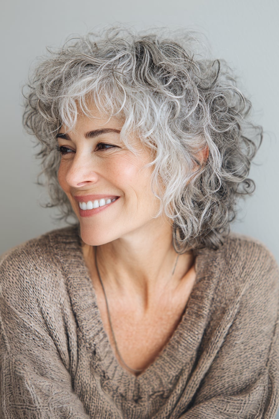 Light Gray Shag With Choppy Bangs Light Gray Shag With Choppy Bangs — Short Shag