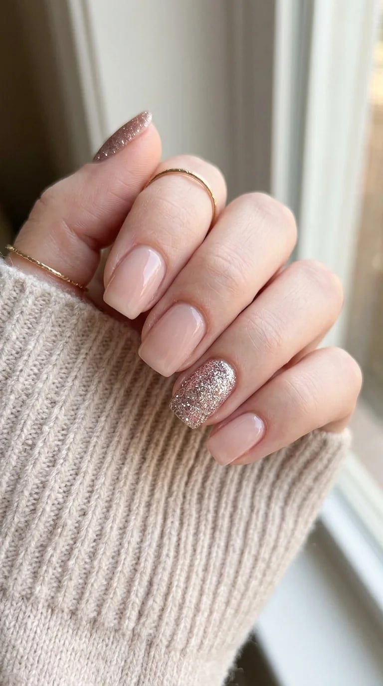 Nude Glossy Short Square Nails With Glitter Accent Nude Glossy Short Square Nails With Glitter Accent