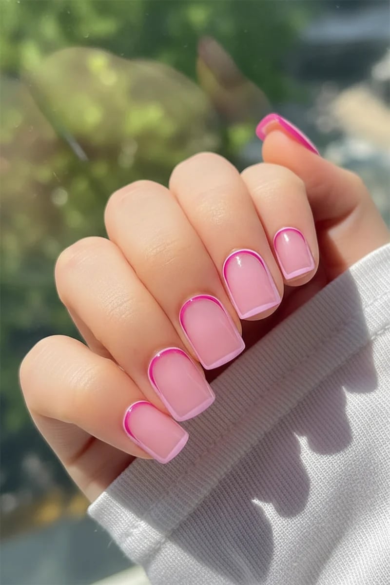 Short Square Nails With Bright Pink French Tips Short Square Nails With Bright Pink French Tips