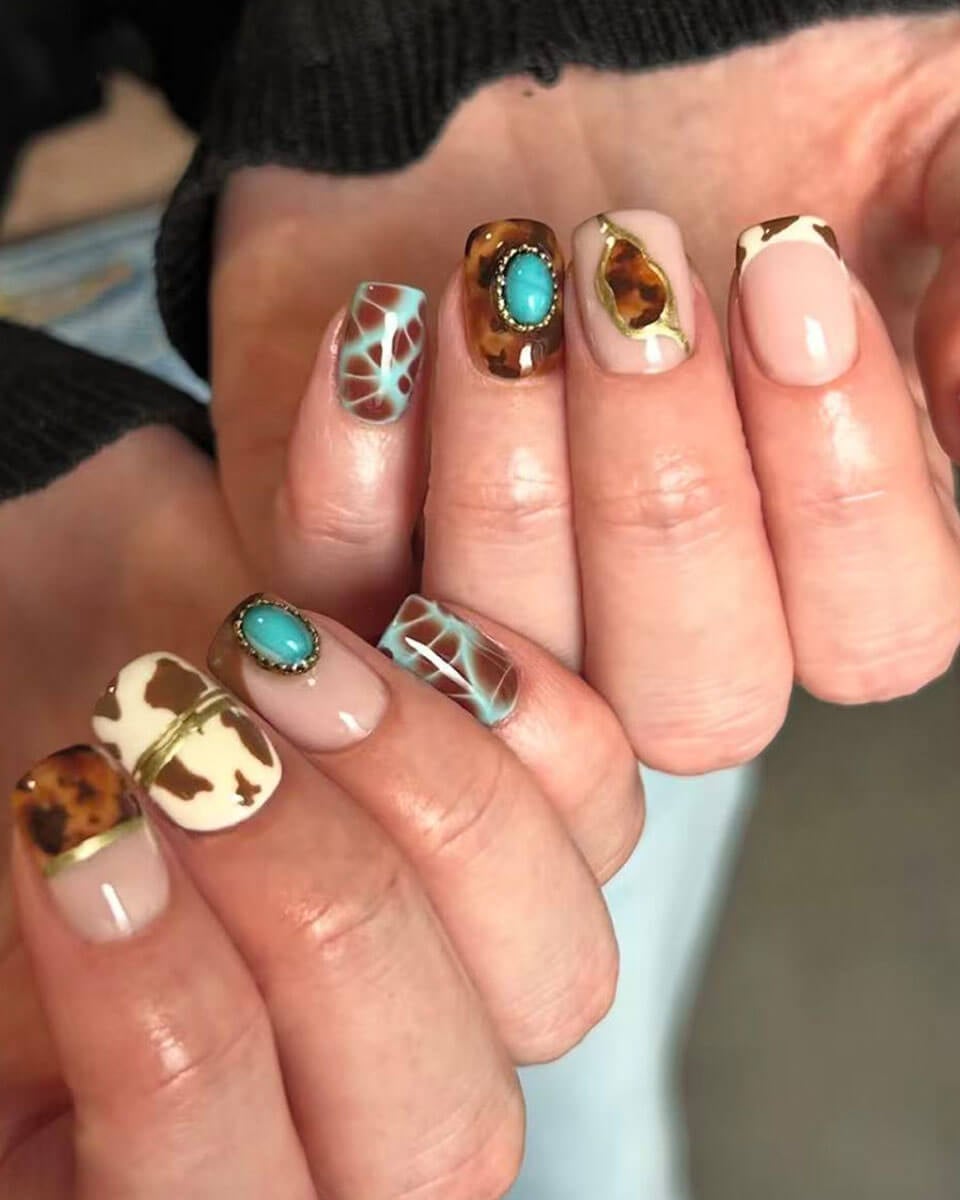Short Square Nails With Mixed Art Prints Short Square Nails With Mixed Art Prints