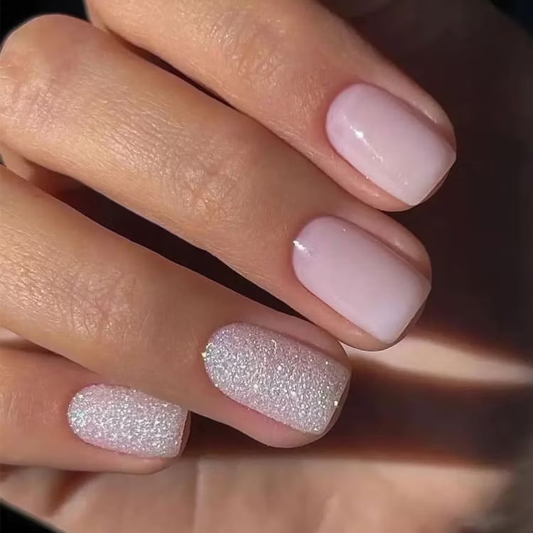 Pale Pink Translucent Short Square Nails With Glitter Pale Pink Translucent Short Square Nails With Glitter