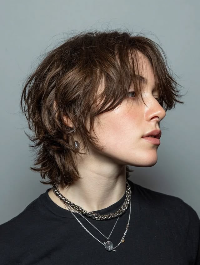 Chin Length Brown Wolf Cut With No Bangs Chin Length Brown Wolf Cut With No Bangs — Short Wolf Cut