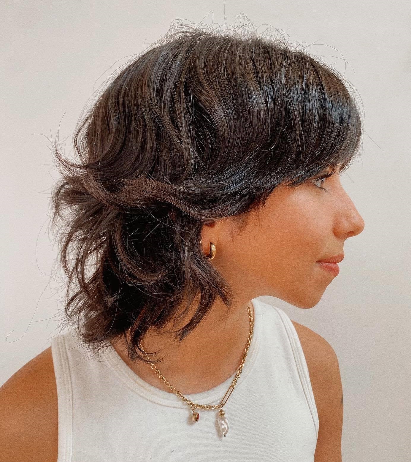 Chin Length Dark Brown Wolf Cut With Short Bangs, Office-Safe Version Chin Length Dark Brown Wolf Cut With Short Bangs, Office-Safe Version — Short Wolf Cut