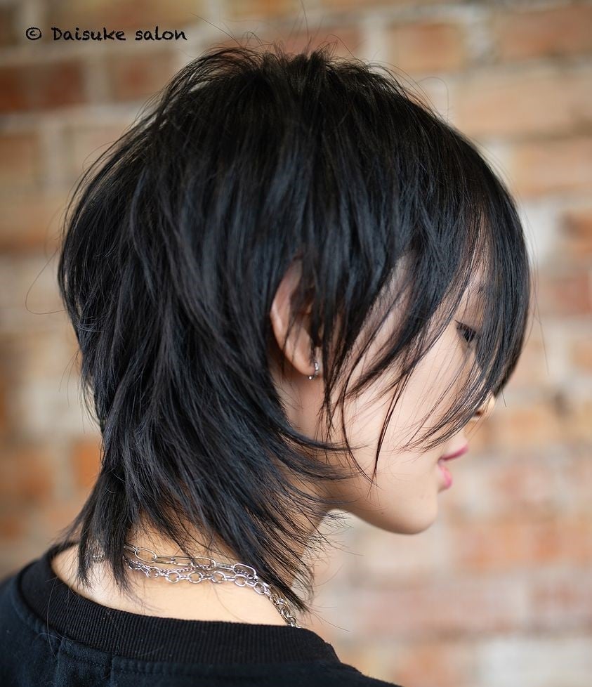 Ear Length Black Wolf Cut With Choppy Bangs Ear Length Black Wolf Cut With Choppy Bangs — Short Wolf Cut