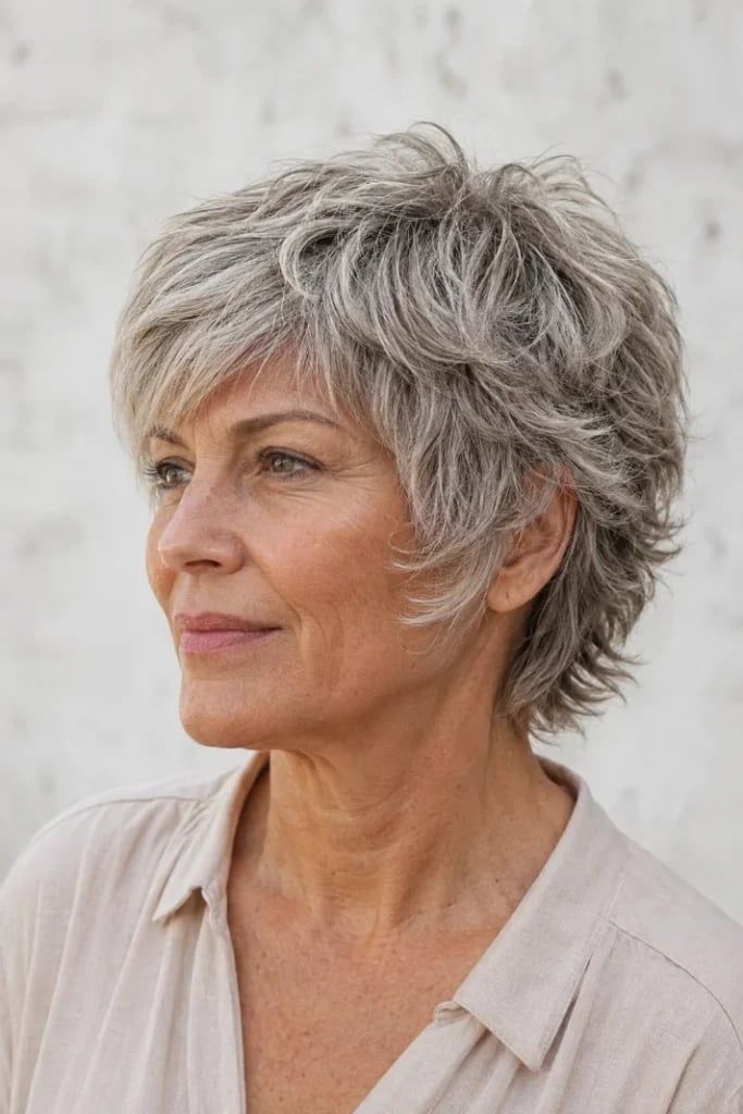Ear Length Gray Wolf Cut With Wispy Bangs Ear Length Gray Wolf Cut With Wispy Bangs — Short Wolf Cut