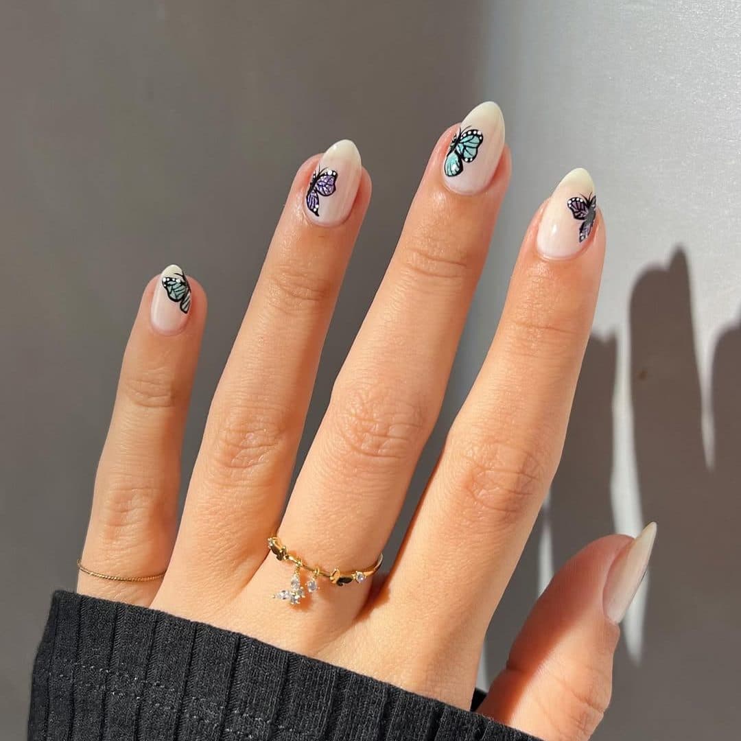 Medium Oval Nude Butterfly Decal Nails Medium Oval Nude Butterfly Decal Nails — Simple Nail Art