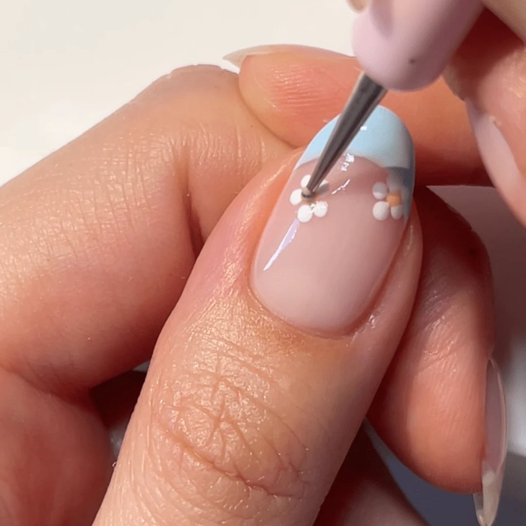 Sheer Pink Blue Tip Tiny Flower Nails Sheer Pink Blue Tip Tiny Flower Nails — Simple Nail Art