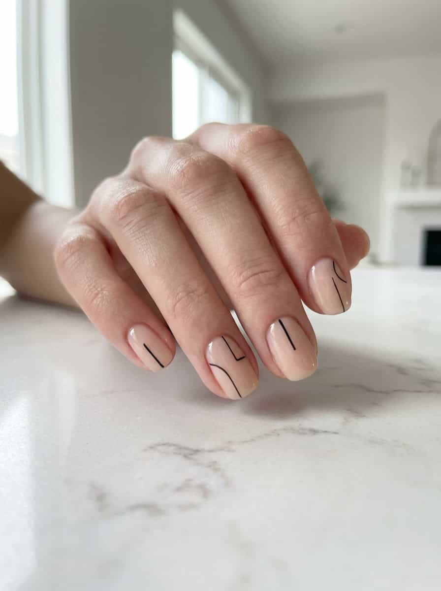 Short Oval Nude Minimalist Black Line Nails Short Oval Nude Minimalist Black Line Nails — Simple Nail Art