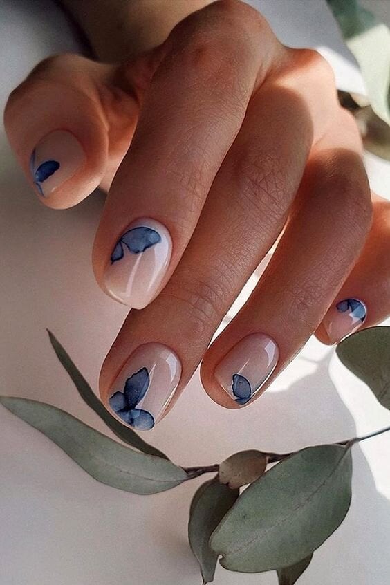 Short Almond Nude Blue Butterfly Decal Nails Short Almond Nude Blue Butterfly Decal Nails — Simple Nail Art