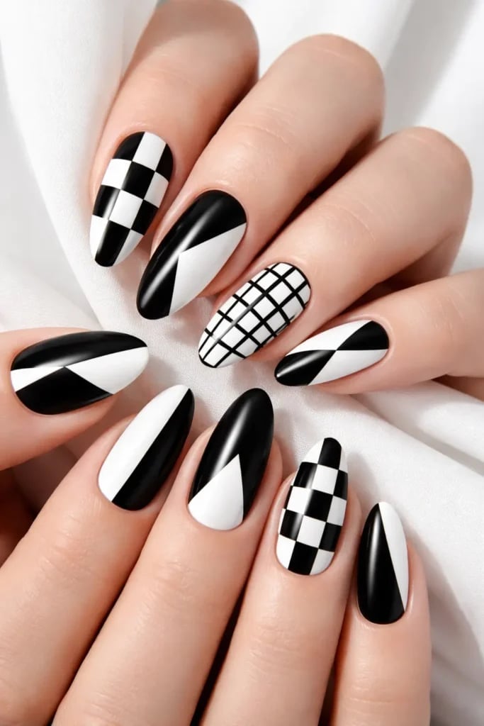 Medium Almond Black and White Geometric Nails Medium Almond Black and White Geometric Nails — Simple Nail Art
