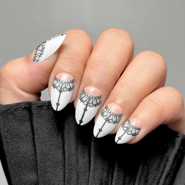 Medium Almond Black Lace Pattern Nails Medium Almond Black Lace Pattern Nails — Simple Nail Art