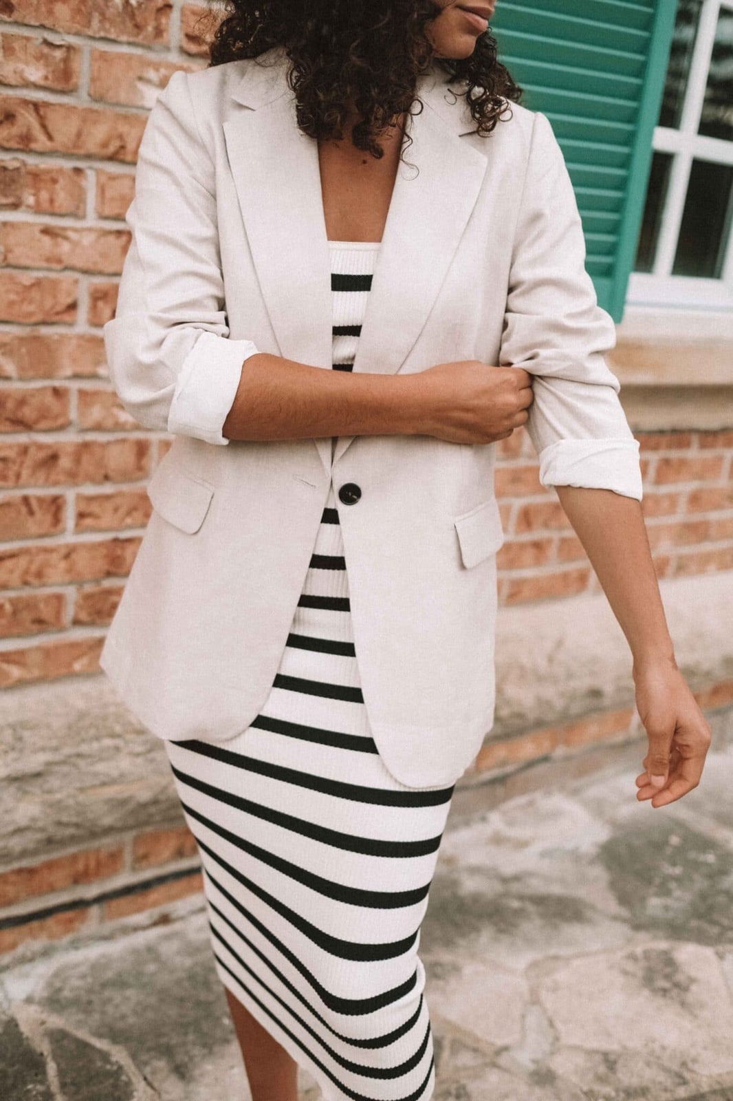 Beige Blazer Over Striped Knit Dress Beige Blazer Over Striped Knit Dress — Simple Outfits