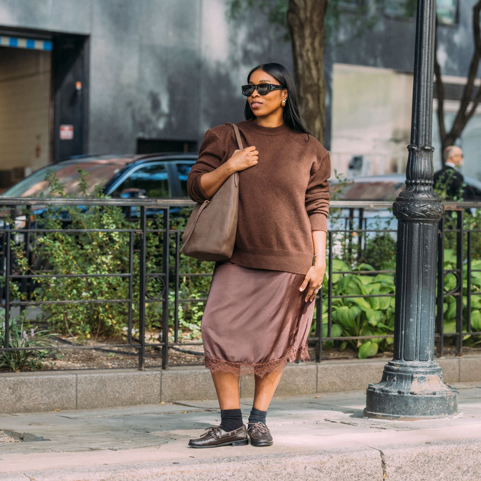 Brown Sweater with Satin Midi Skirt Brown Sweater with Satin Midi Skirt — Simple Outfits