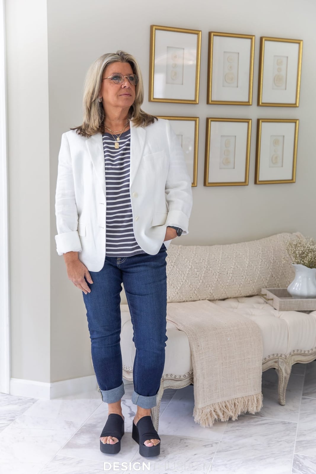 White Linen Blazer Over Striped Tee White Linen Blazer Over Striped Tee — Simple Outfits