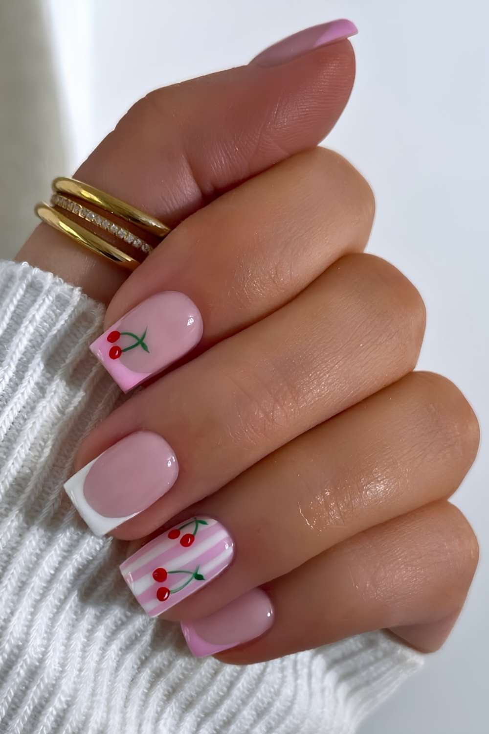 Pink Short Square With Cherry French Art Pink Short Square With Cherry French Art — Simple Short Nails